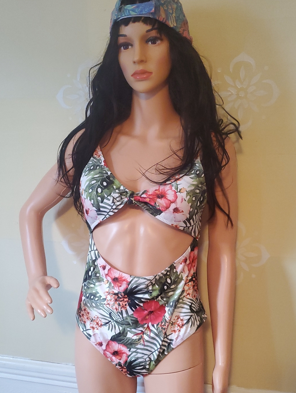 Floral Cutout One-Piece Swimsuit - Green/Pink